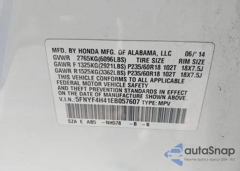 2014 Honda Pilot Ex z USA, uszkodzony, nr VIN 5FNYF4H41EB057607